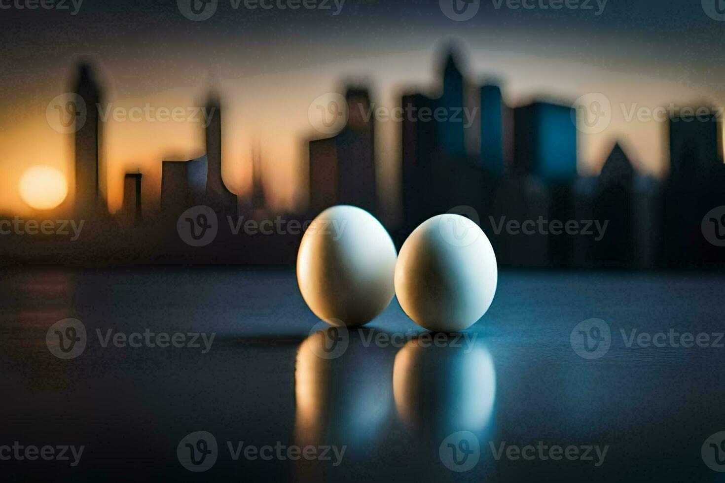 dois ovos em uma mesa dentro frente do uma cidade Horizonte. gerado por IA foto