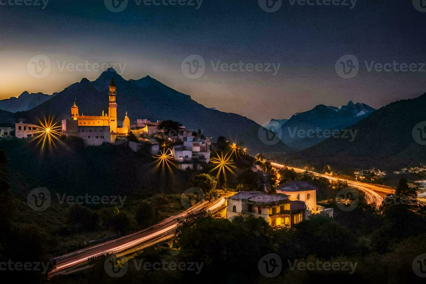 uma cidade aceso acima às noite com montanhas dentro a fundo. gerado por IA foto