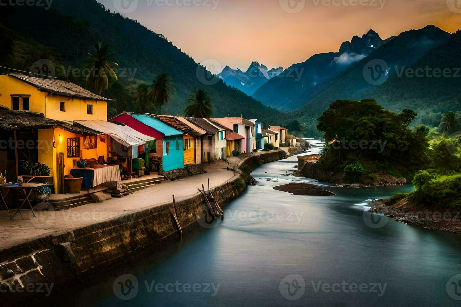 uma rio dentro a montanhas com colorida casas. gerado por IA foto