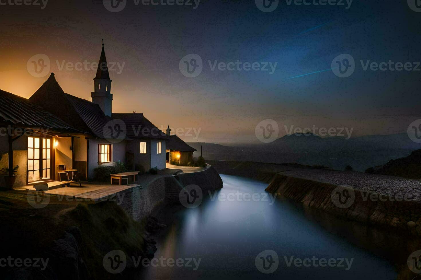 uma Igreja senta em a lado do uma rio às noite. gerado por IA foto