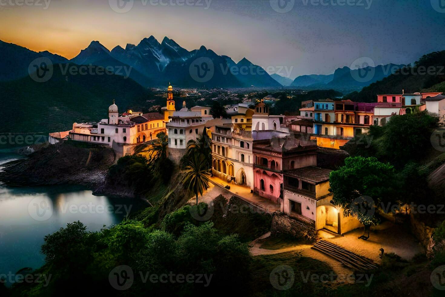 foto papel de parede a céu, montanhas, água, a cidade, a lago, a montanhas, o. gerado por IA