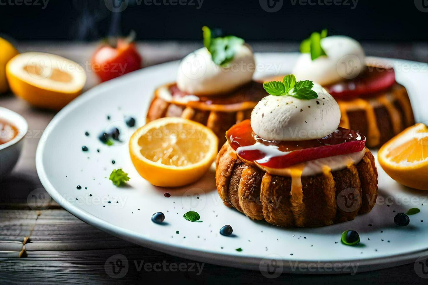 três pequeno bolos com açoitado creme e fruta em uma placa. gerado por IA foto