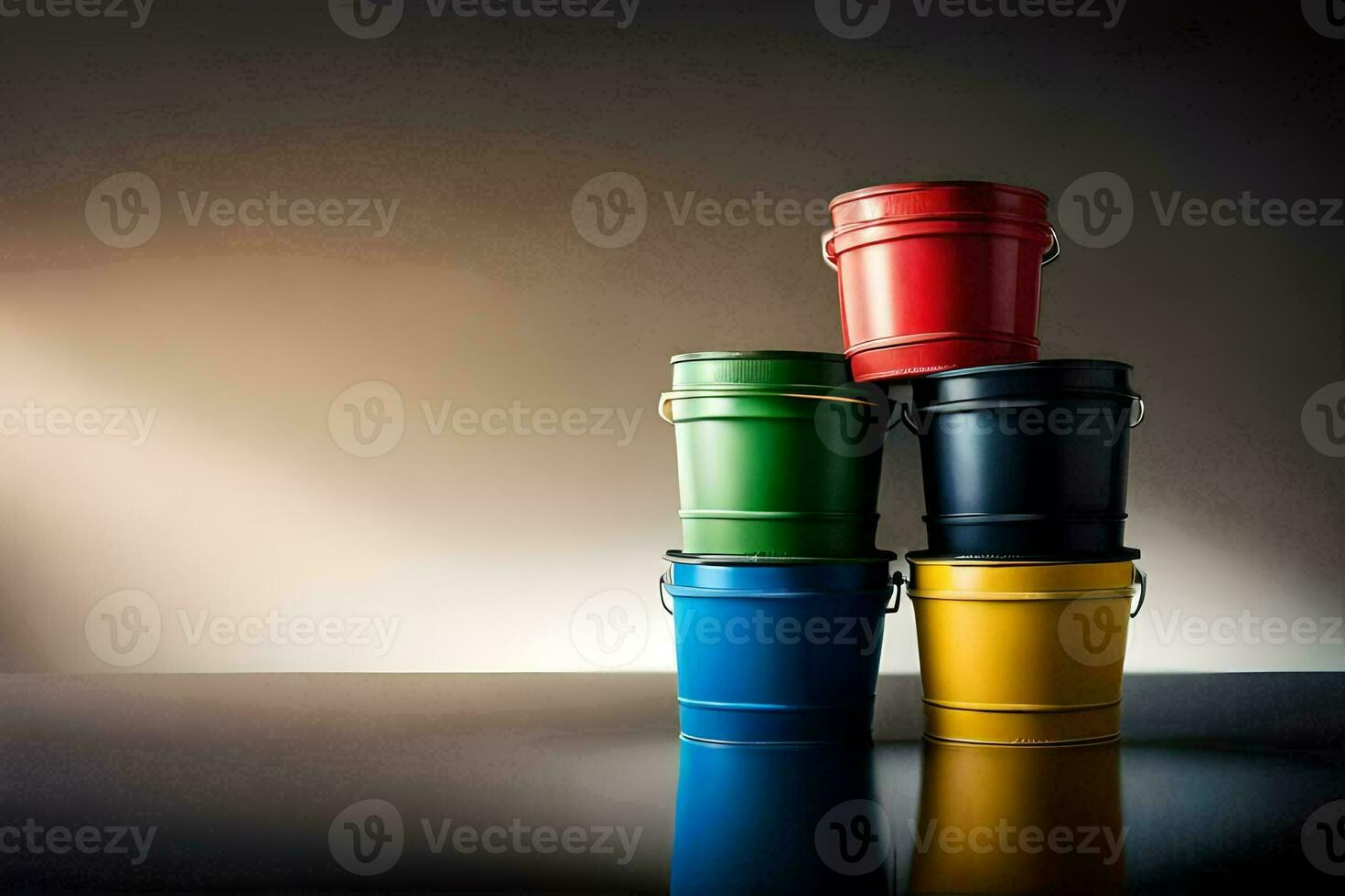 uma pilha do cinco colorida baldes em uma mesa. gerado por IA foto