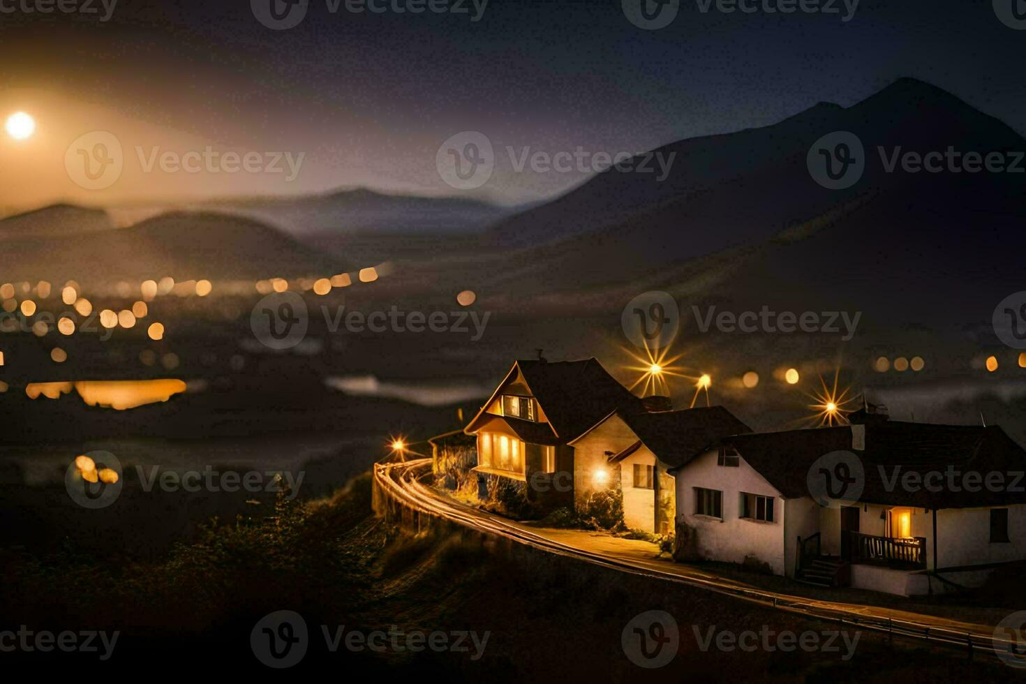 uma casa dentro a montanhas às noite. gerado por IA foto