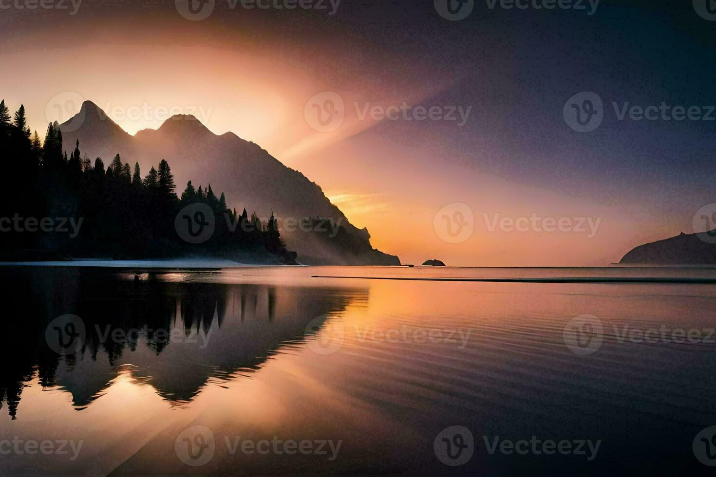 a Sol sobe sobre uma montanha alcance e uma lago. gerado por IA foto