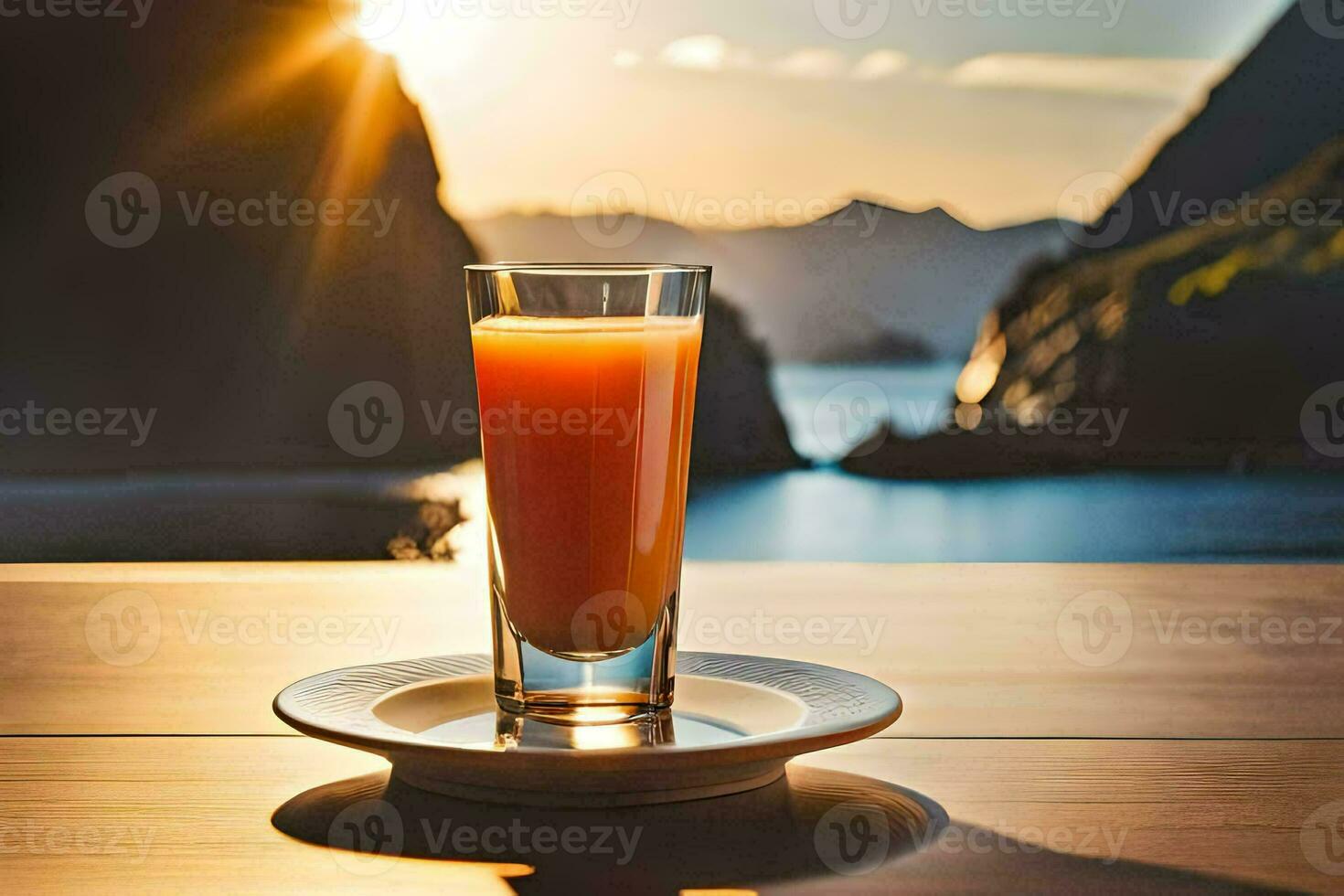 uma vidro do laranja suco em uma mesa dentro frente do uma montanha. gerado por IA foto