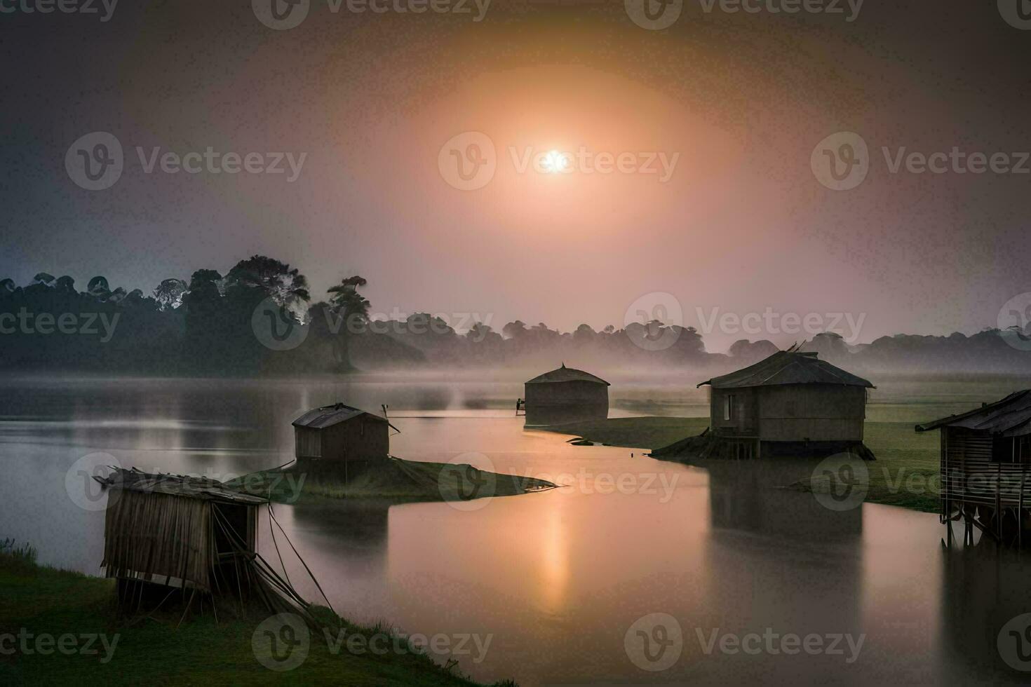 a Sol sobe sobre uma rio e de várias pequeno cabanas. gerado por IA foto