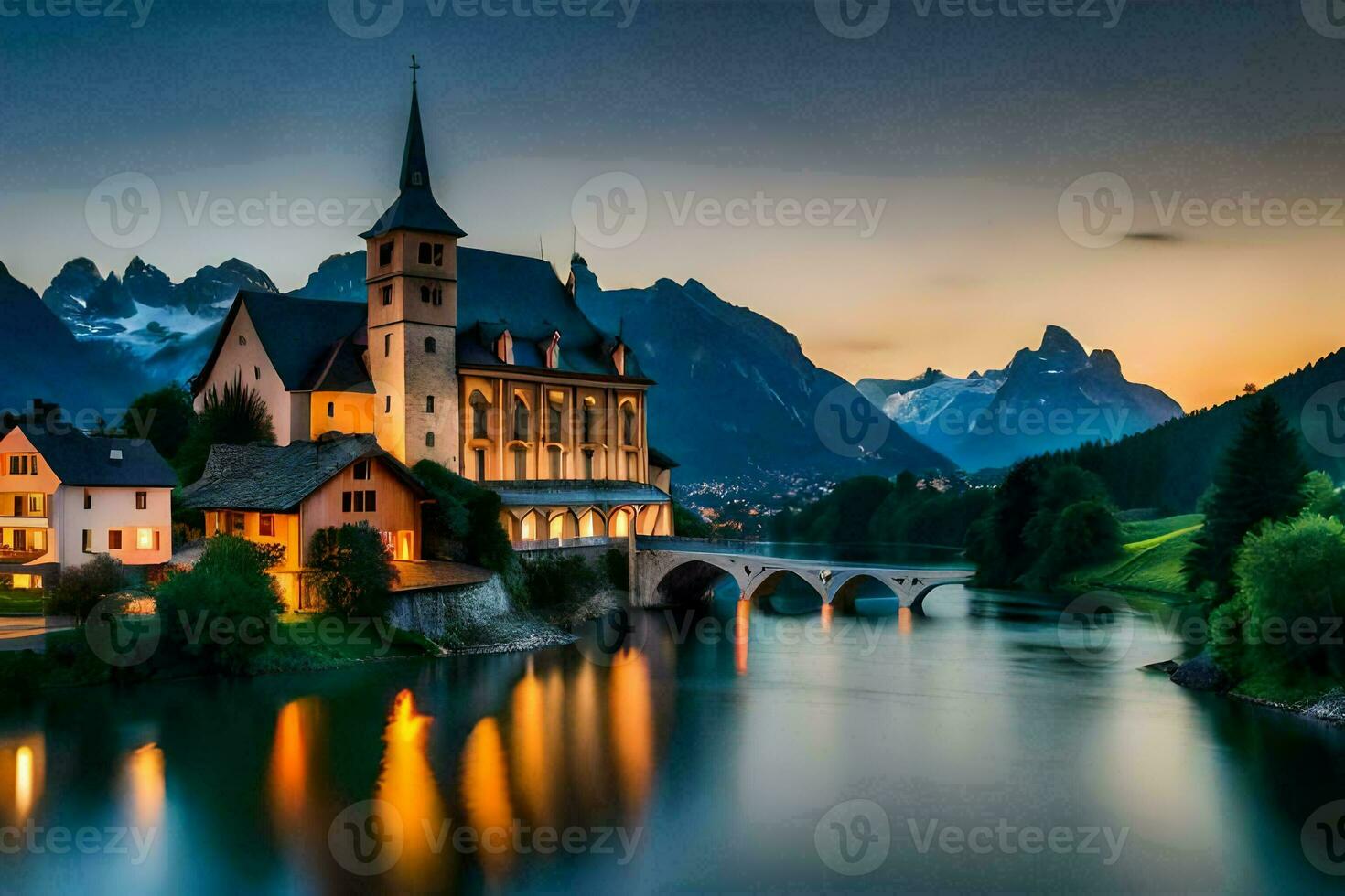 uma lindo castelo senta em a lado do uma rio. gerado por IA foto