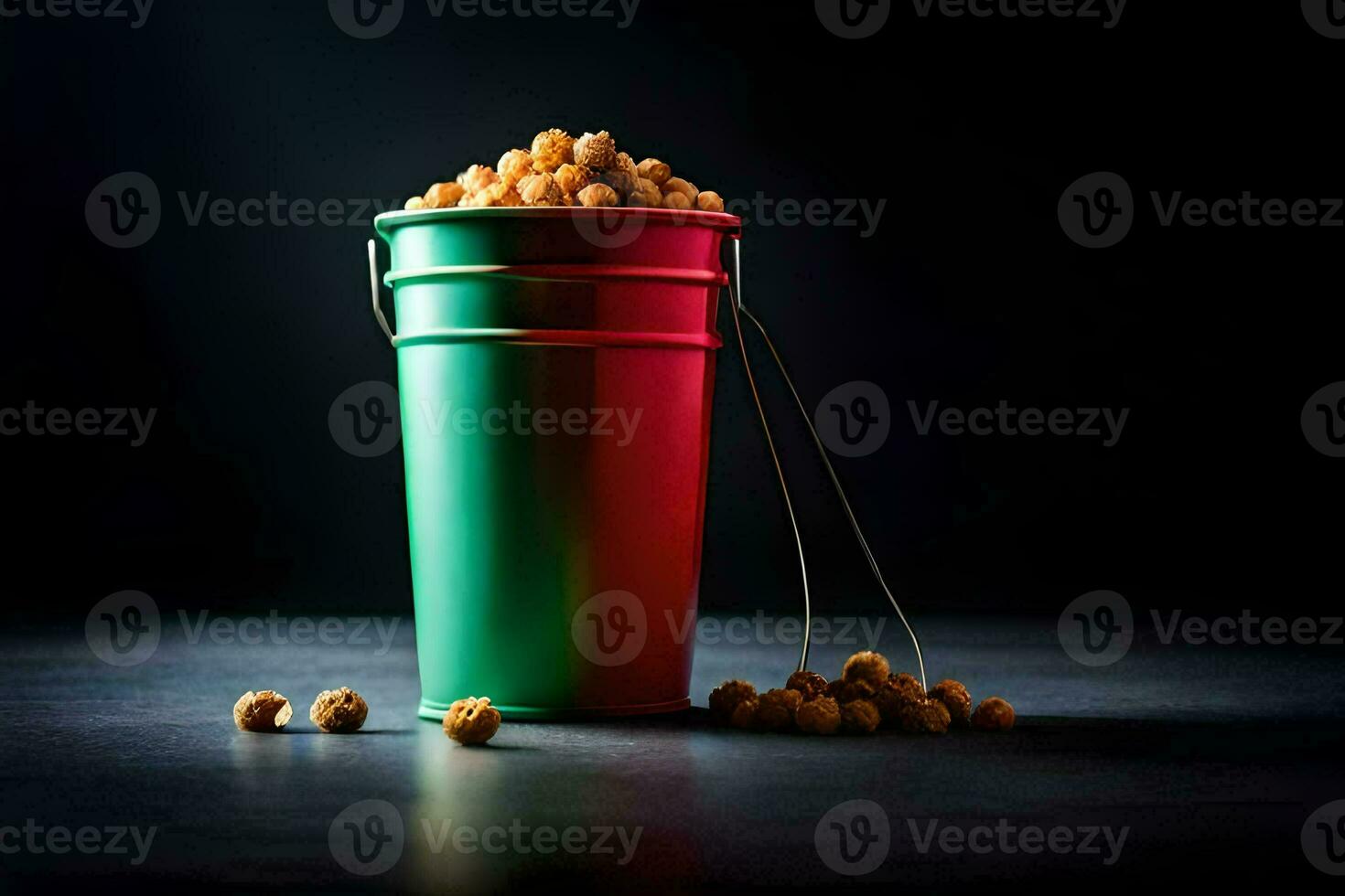 uma balde preenchidas com amendoim em uma Sombrio fundo. gerado por IA foto