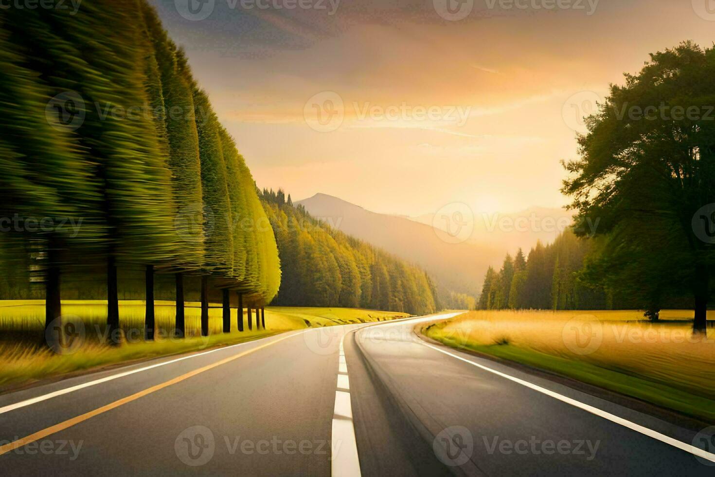 uma estrada dentro a montanhas com árvores e grama. gerado por IA foto
