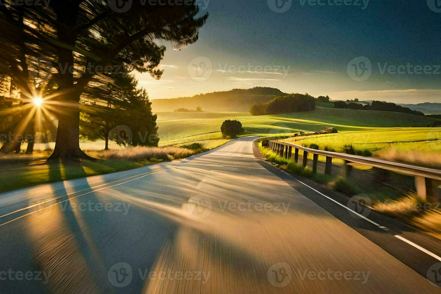 uma estrada dentro a campo com a Sol configuração atrás isto. gerado por IA foto