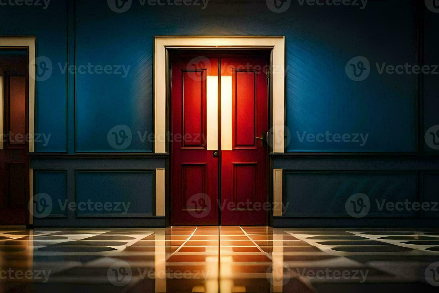 dois vermelho portas dentro uma Sombrio sala. gerado por IA foto