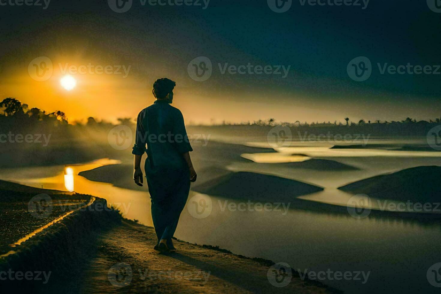 uma homem anda em ao longo uma caminho às pôr do sol. gerado por IA foto