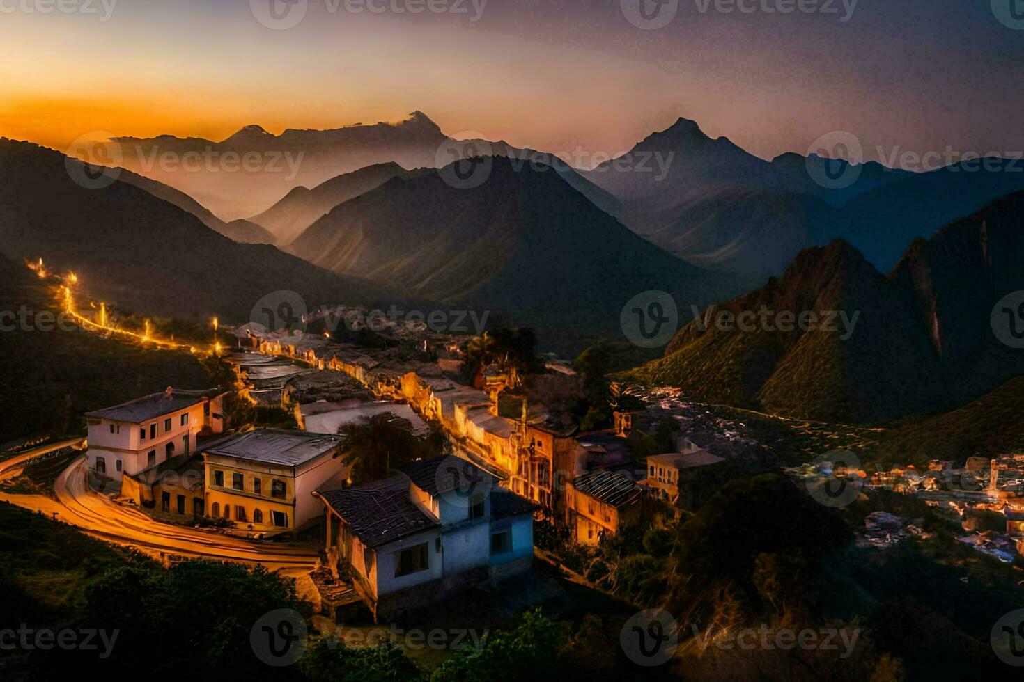 foto papel de parede a céu, montanhas, a cidade, a Vila, a montanhas, a cidade,. gerado por IA