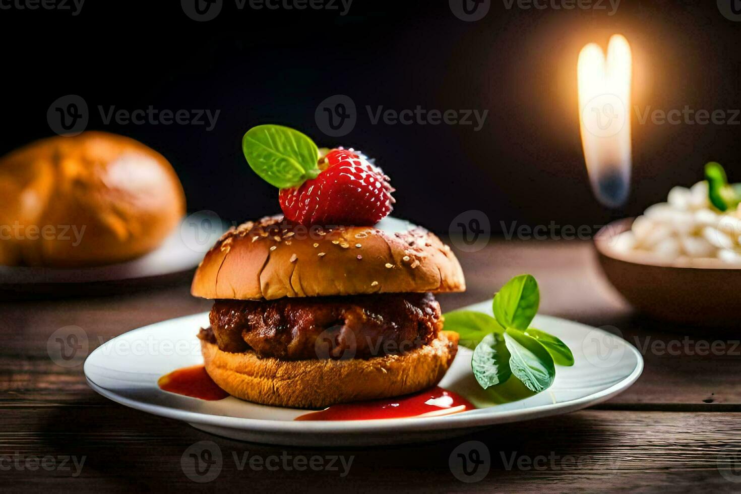 uma Hamburger com morango molho e uma vela. gerado por IA foto