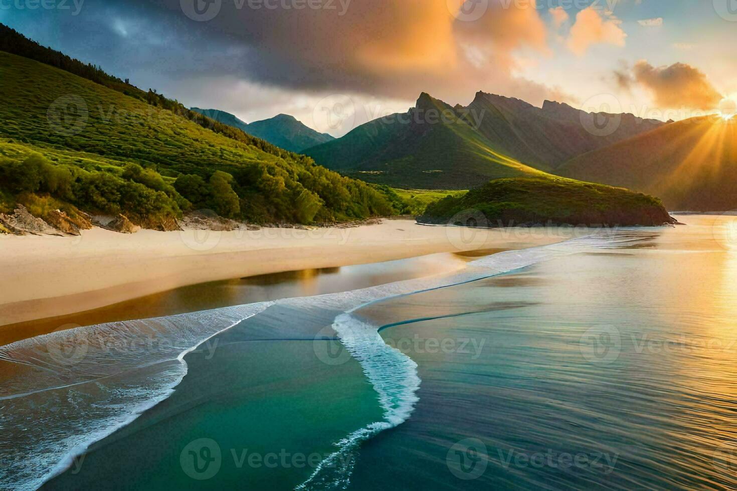 a Sol brilha em uma de praia e montanhas dentro a fundo. gerado por IA foto