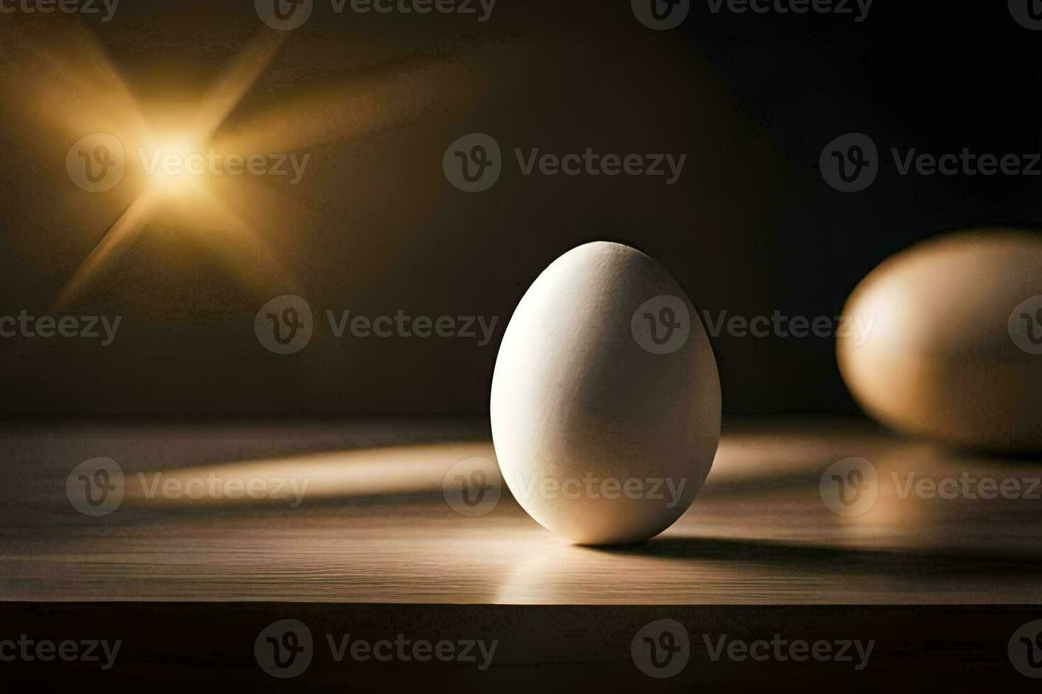 a ovo é sentado em uma mesa com uma luz brilhando em isto. gerado por IA foto