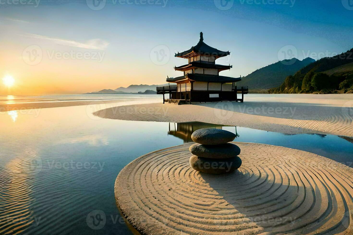 a pagode dentro a areia. gerado por IA foto