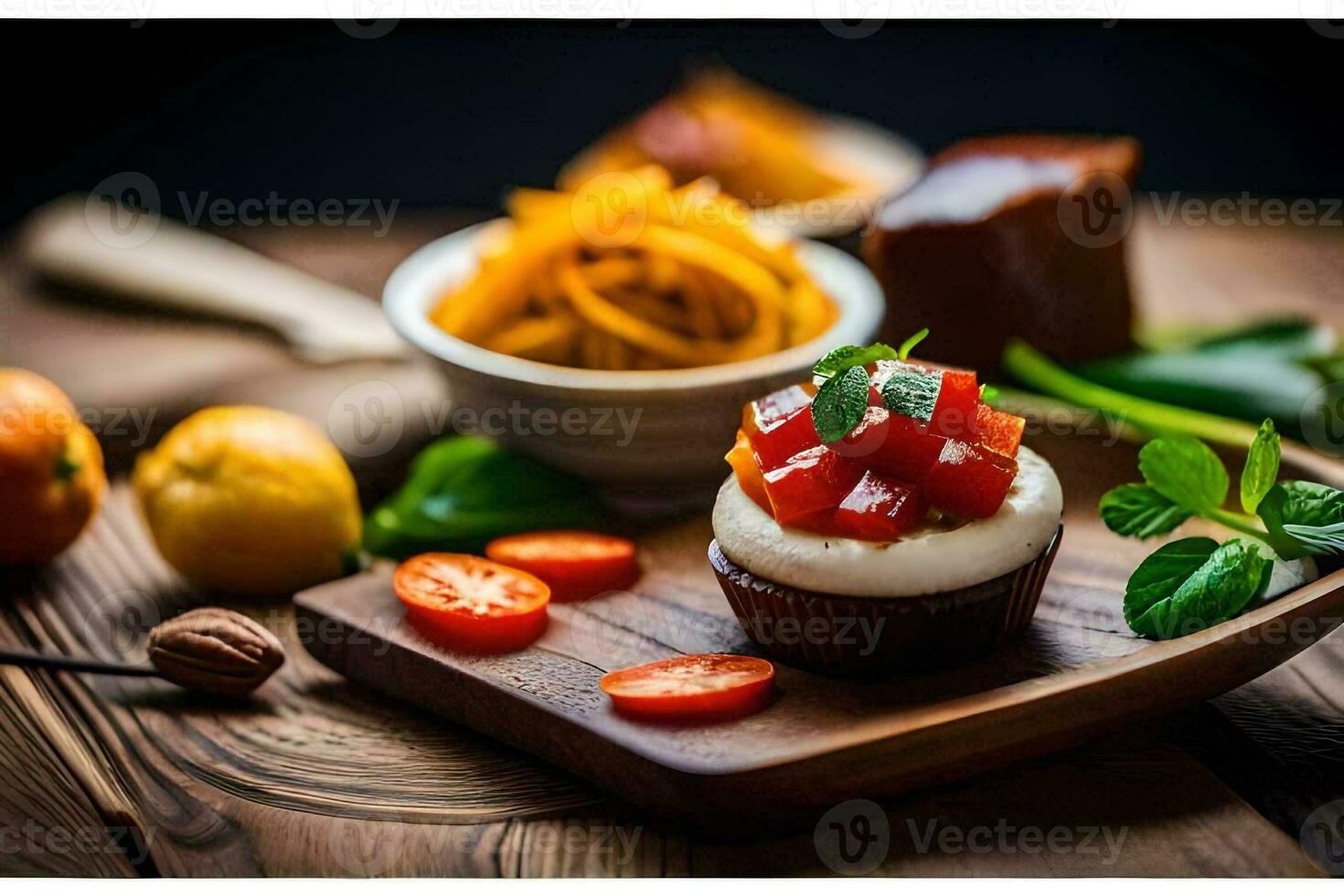 uma Bolinho com tomate molho e queijo em uma de madeira corte borda. gerado por IA foto