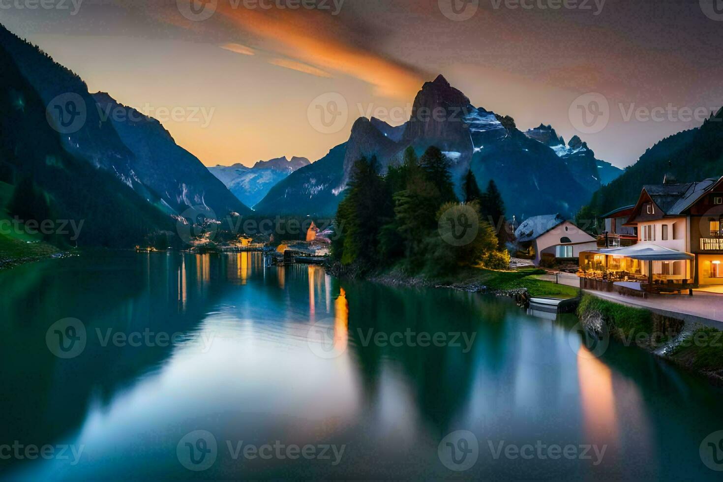 uma lago e montanha Vila às pôr do sol. gerado por IA foto