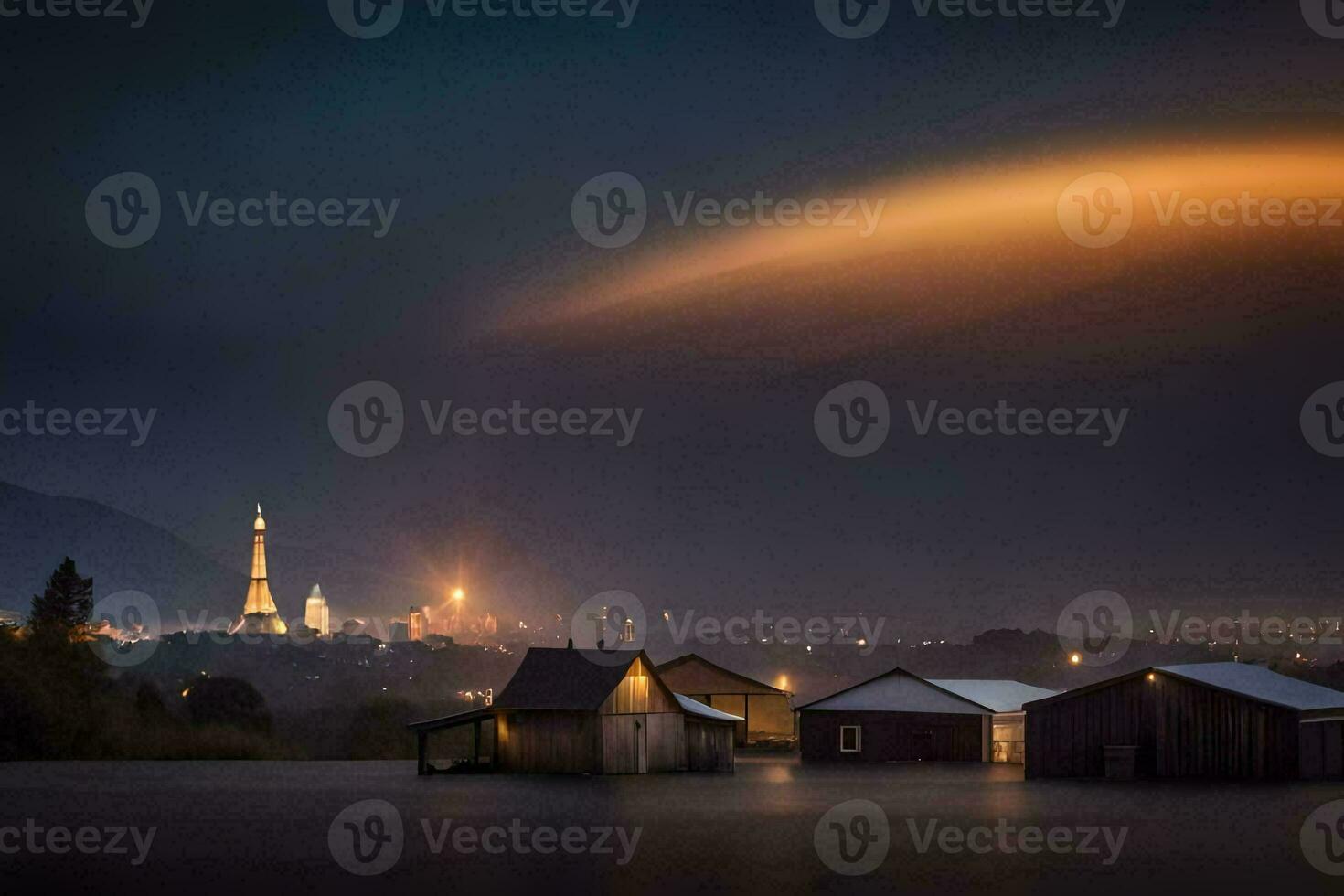 uma cidade às noite com uma Igreja dentro a fundo. gerado por IA foto