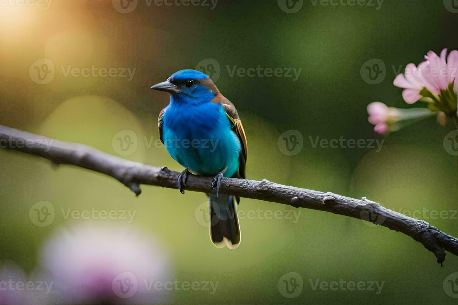 uma azul pássaro sentado em uma ramo com Rosa flores gerado por IA foto