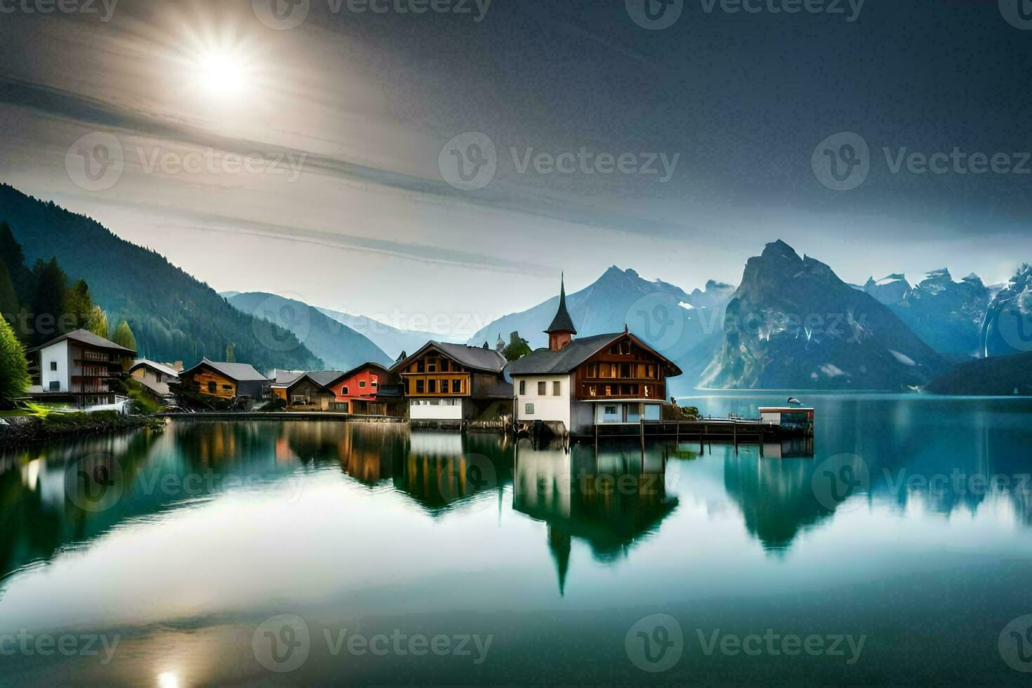 uma lago e uma montanha alcance com casas em isto. gerado por IA foto