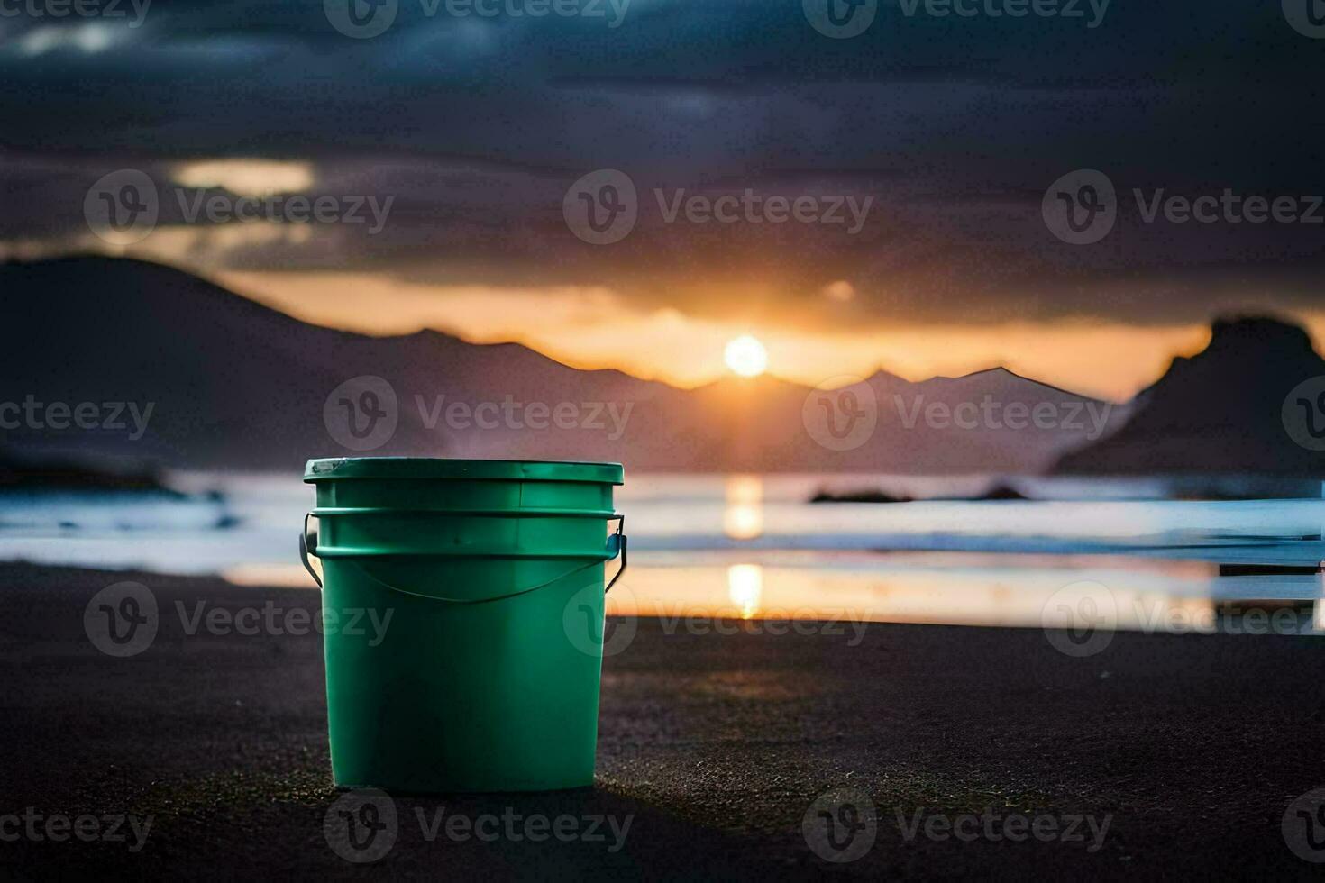 uma verde balde em a de praia às pôr do sol. gerado por IA foto