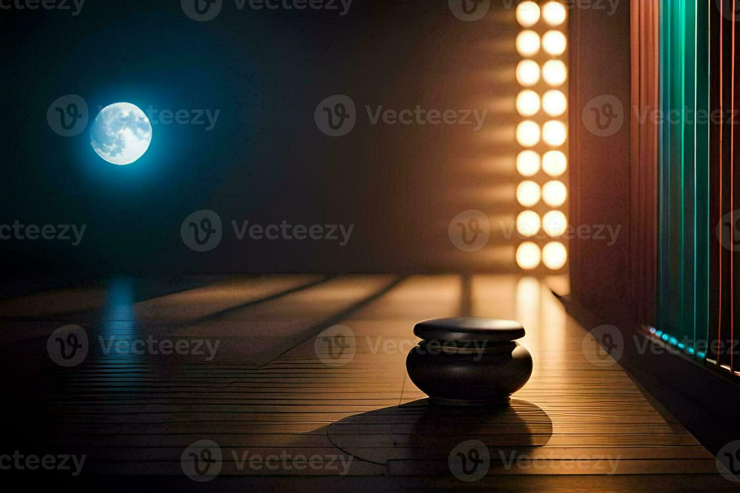 uma Preto Panela sentado em uma de madeira chão com uma luz brilhando em isto. gerado por IA foto