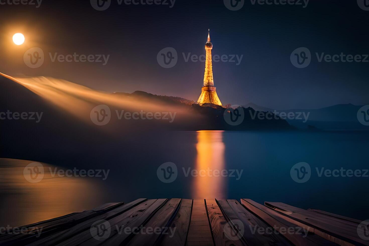 a eiffel torre às noite com uma cheio lua. gerado por IA foto