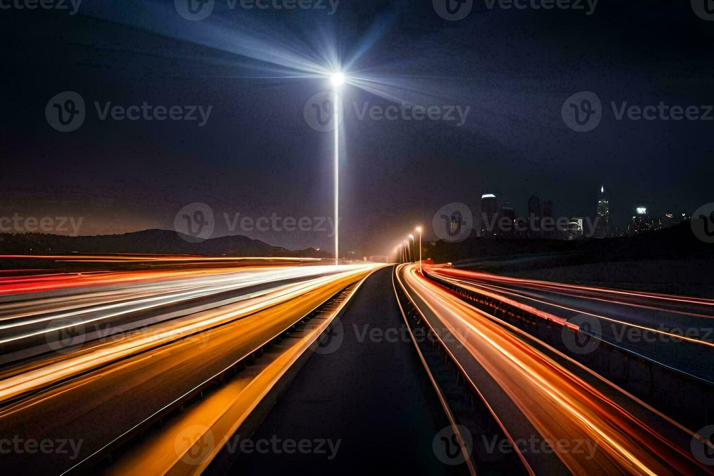 uma grandes exposição fotografia do uma rodovia às noite. gerado por IA foto