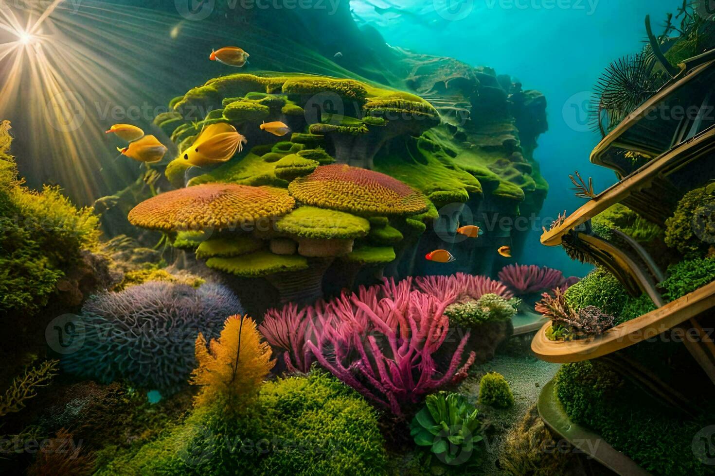 uma coral recife com peixe e de outros plantas. gerado por IA foto