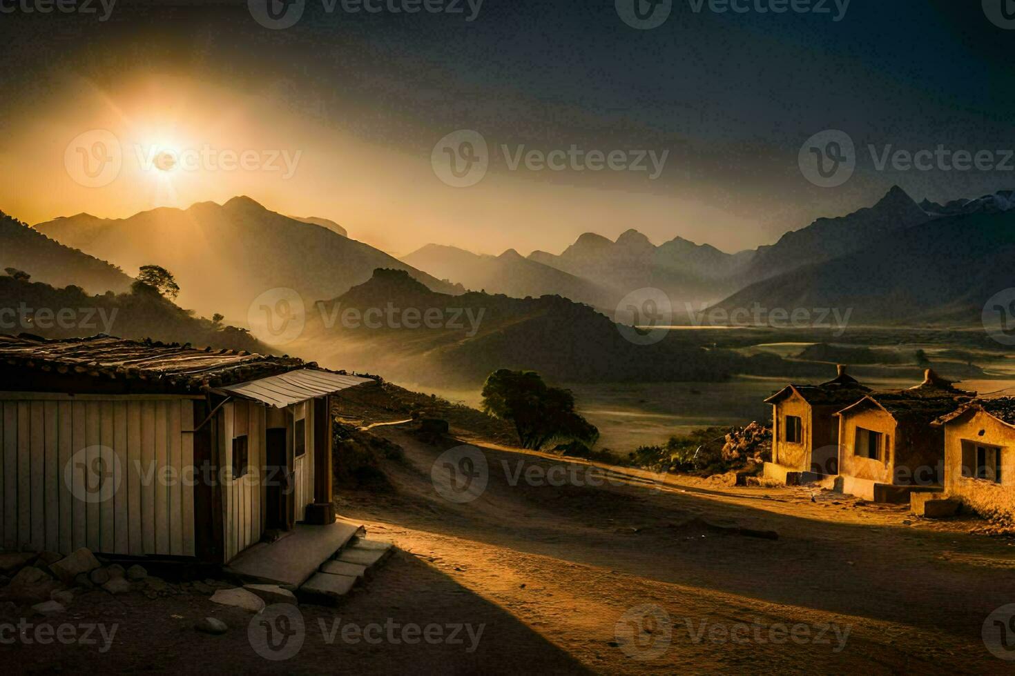 a Sol conjuntos sobre uma Vila dentro a montanhas. gerado por IA foto