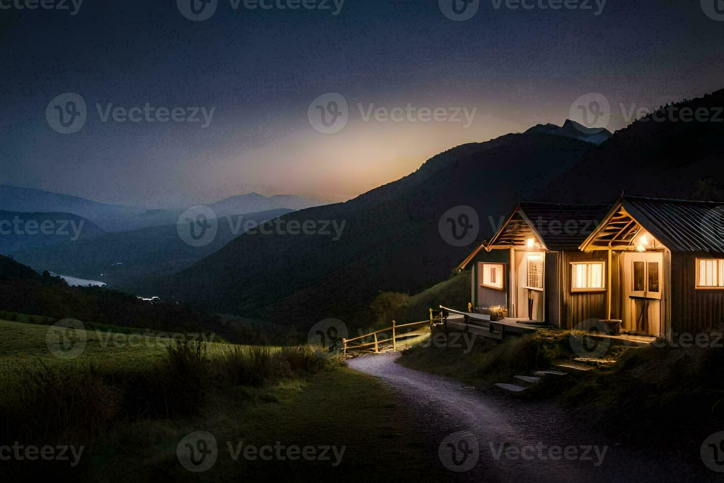 uma cabine dentro a montanhas às noite. gerado por IA foto