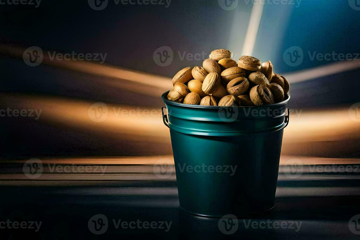 uma balde cheio do nozes em uma mesa. gerado por IA foto