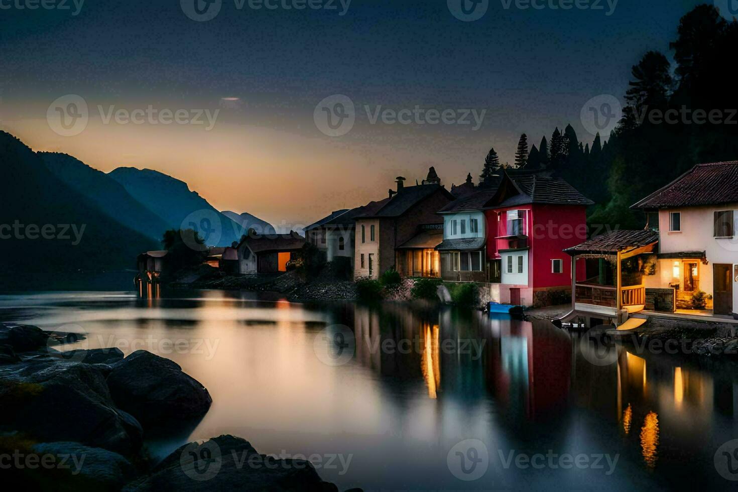 uma rio dentro a montanhas às crepúsculo com casas em a costa. gerado por IA foto