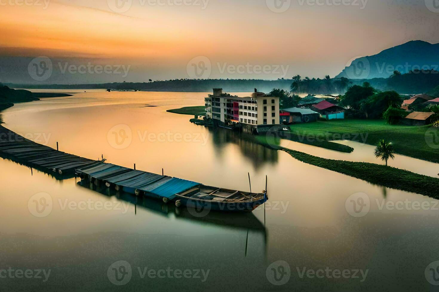 uma barco é ancorado dentro a meio do uma rio. gerado por IA foto