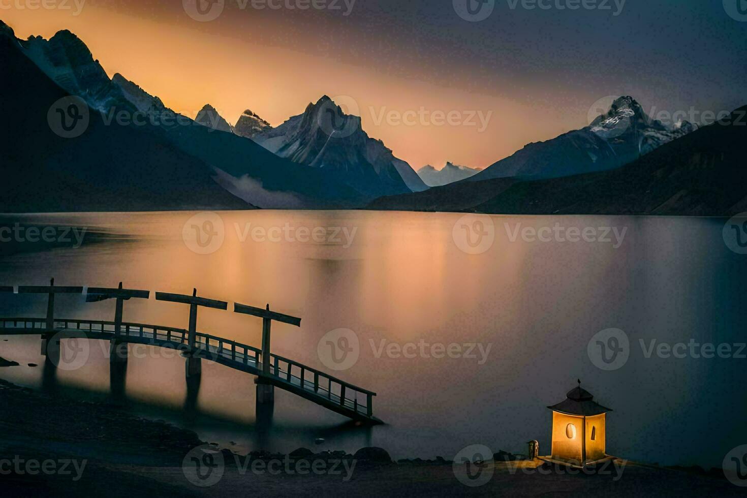 uma de madeira ponte sobre uma lago às pôr do sol. gerado por IA foto