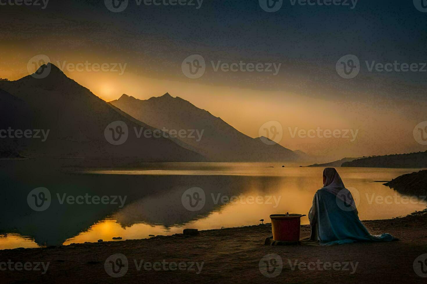 uma mulher sentado em a costa do uma lago às pôr do sol. gerado por IA foto