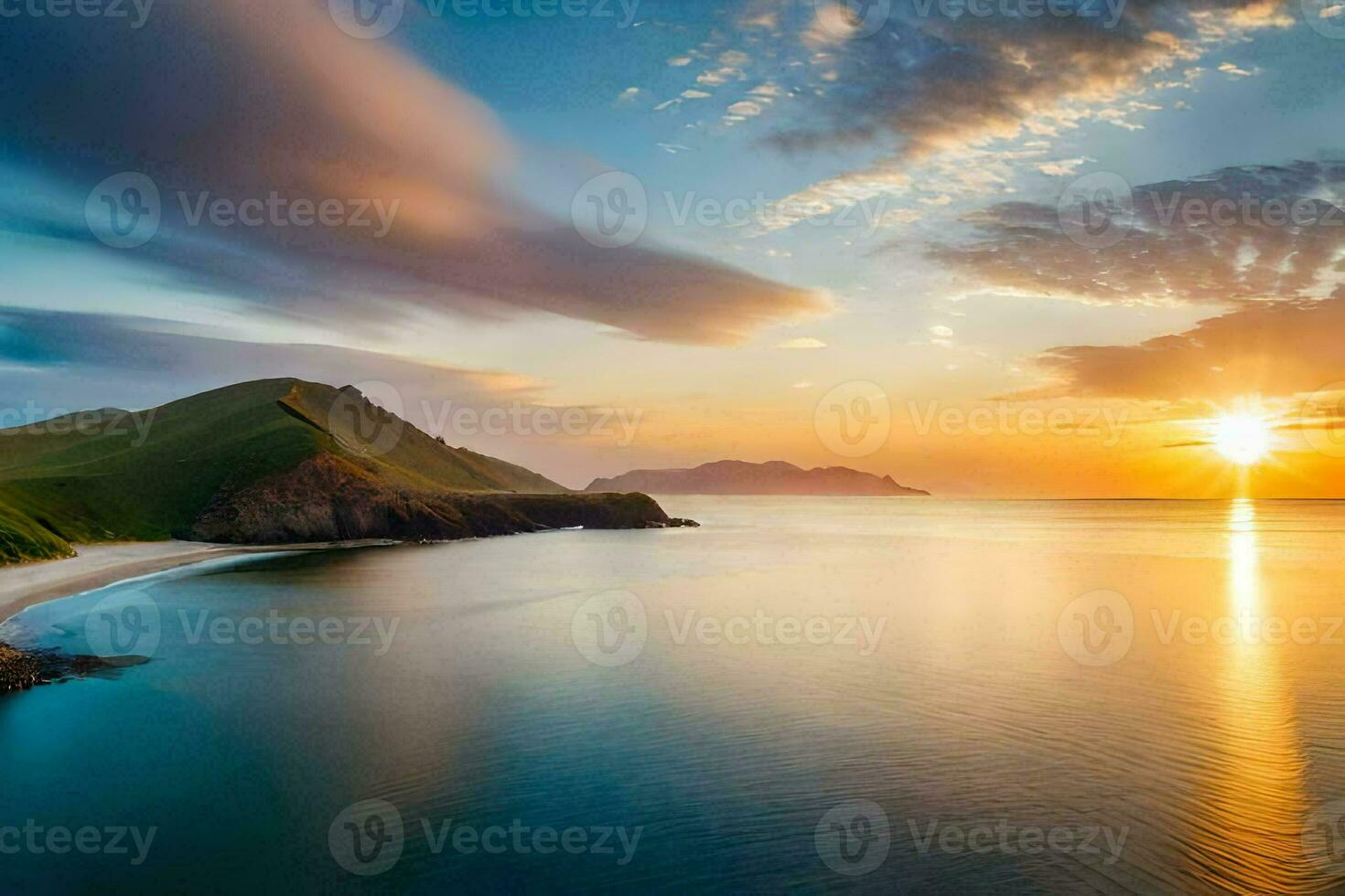 a Sol conjuntos sobre uma de praia e montanhas. gerado por IA foto