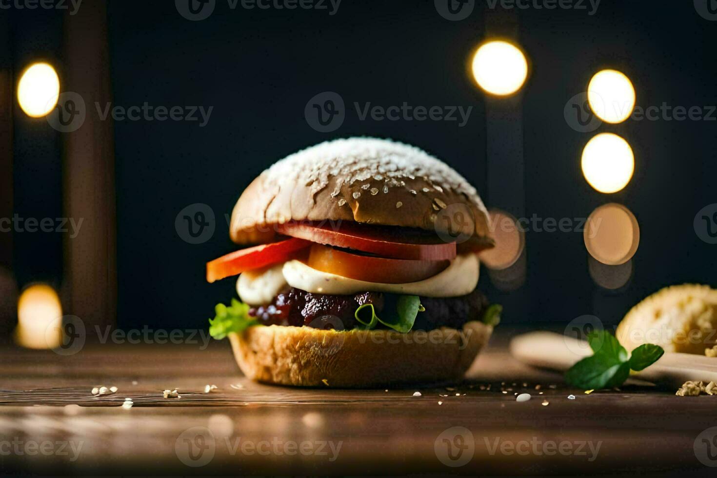 uma Hamburger com queijo e tomate em uma de madeira mesa. gerado por IA foto