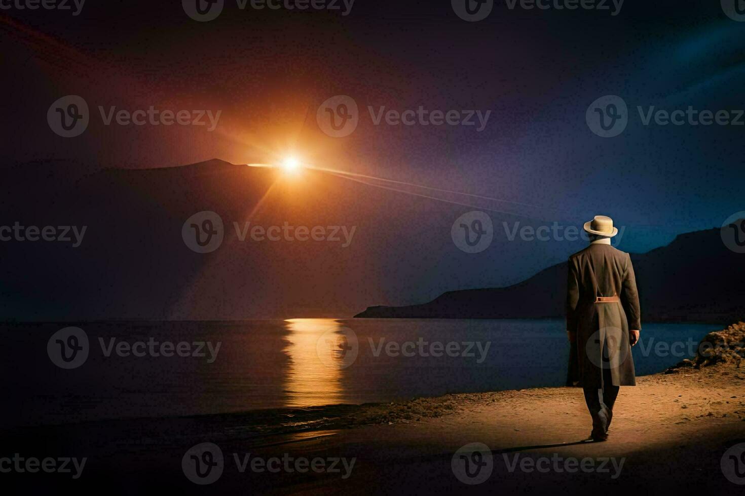 uma homem dentro uma chapéu e casaco anda em ao longo a de praia às noite. gerado por IA foto