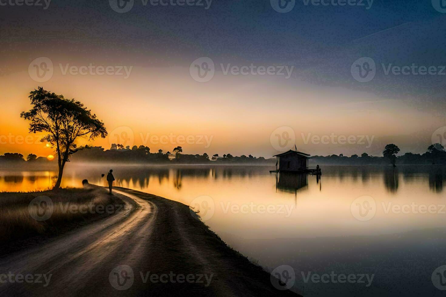 uma solitário árvore carrinhos em a costa do uma lago às nascer do sol. gerado por IA foto