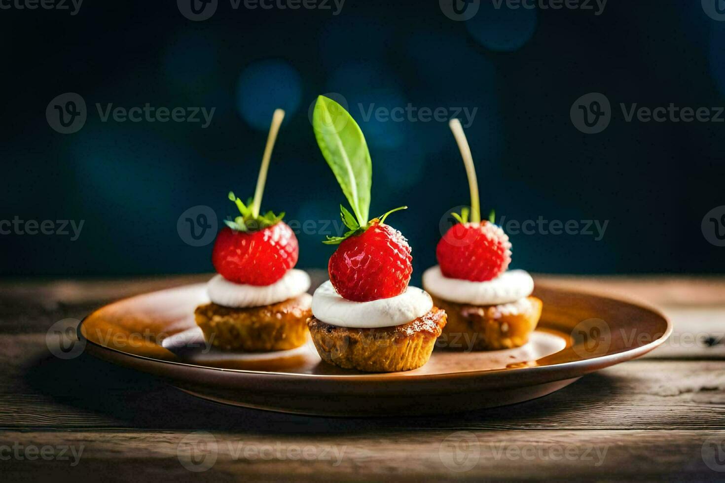 três mini bolos de copo com morangos em uma de madeira placa. gerado por IA foto