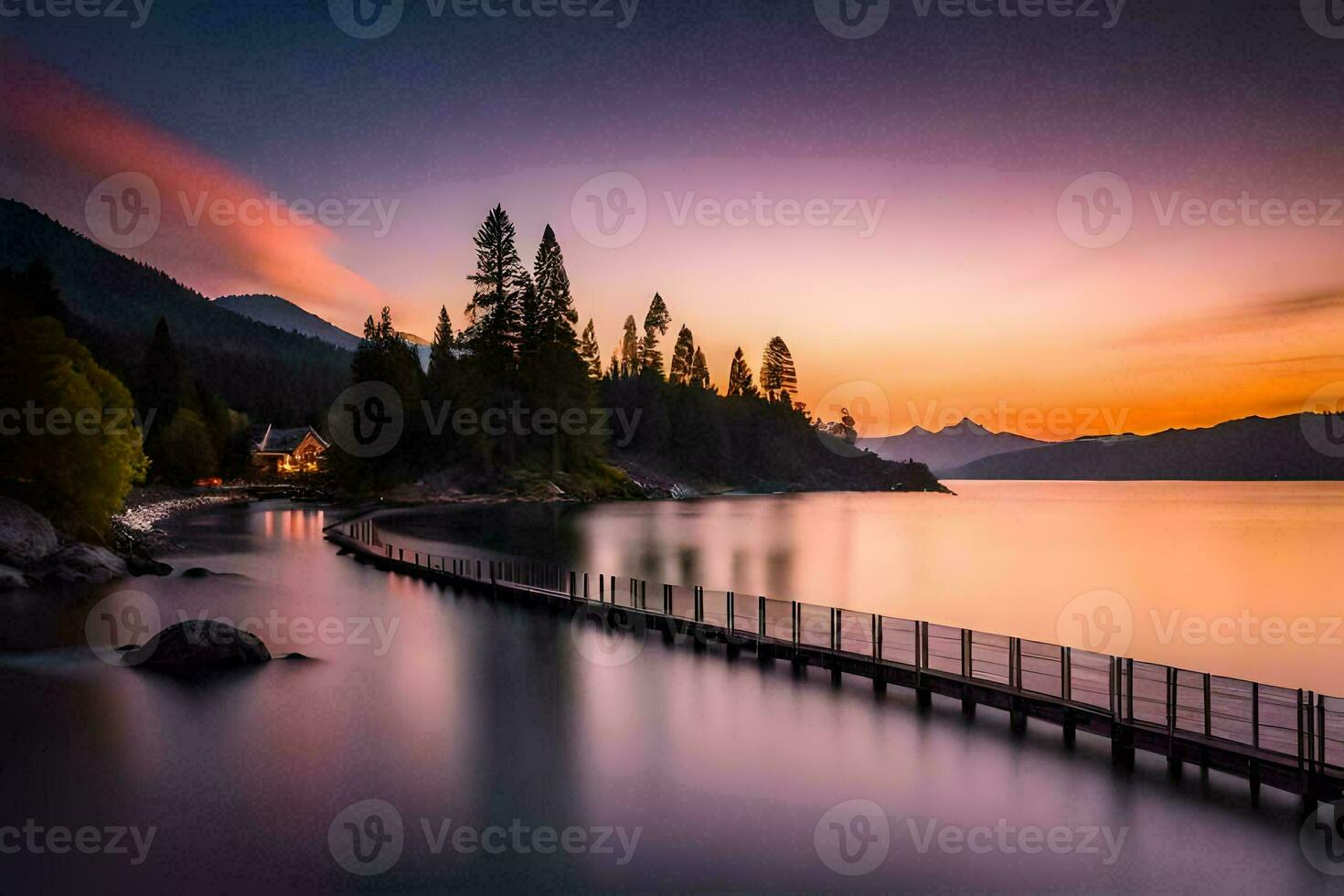uma cais às pôr do sol com uma lago e montanhas dentro a fundo. gerado por IA foto