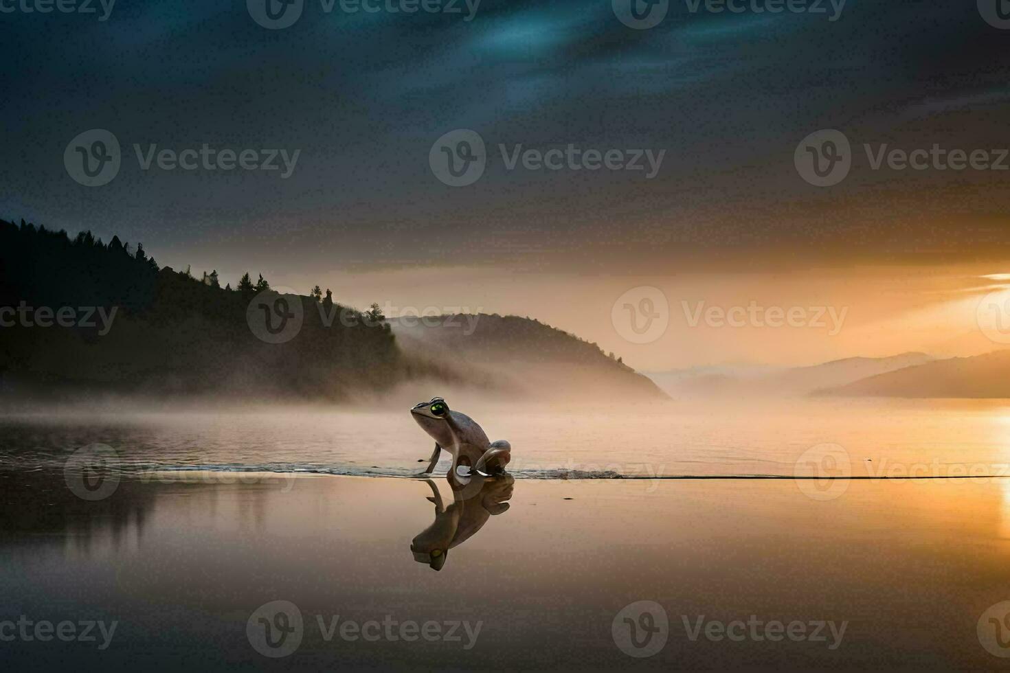 uma homem é ajoelhado em a costa do uma lago às pôr do sol. gerado por IA foto