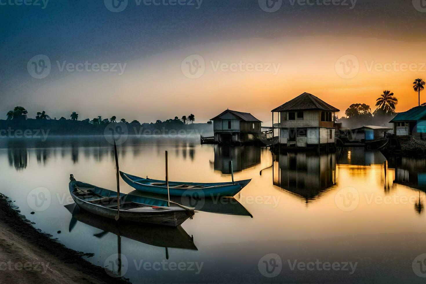 barcos estão ancorado às a costa do uma lago às nascer do sol. gerado por IA foto