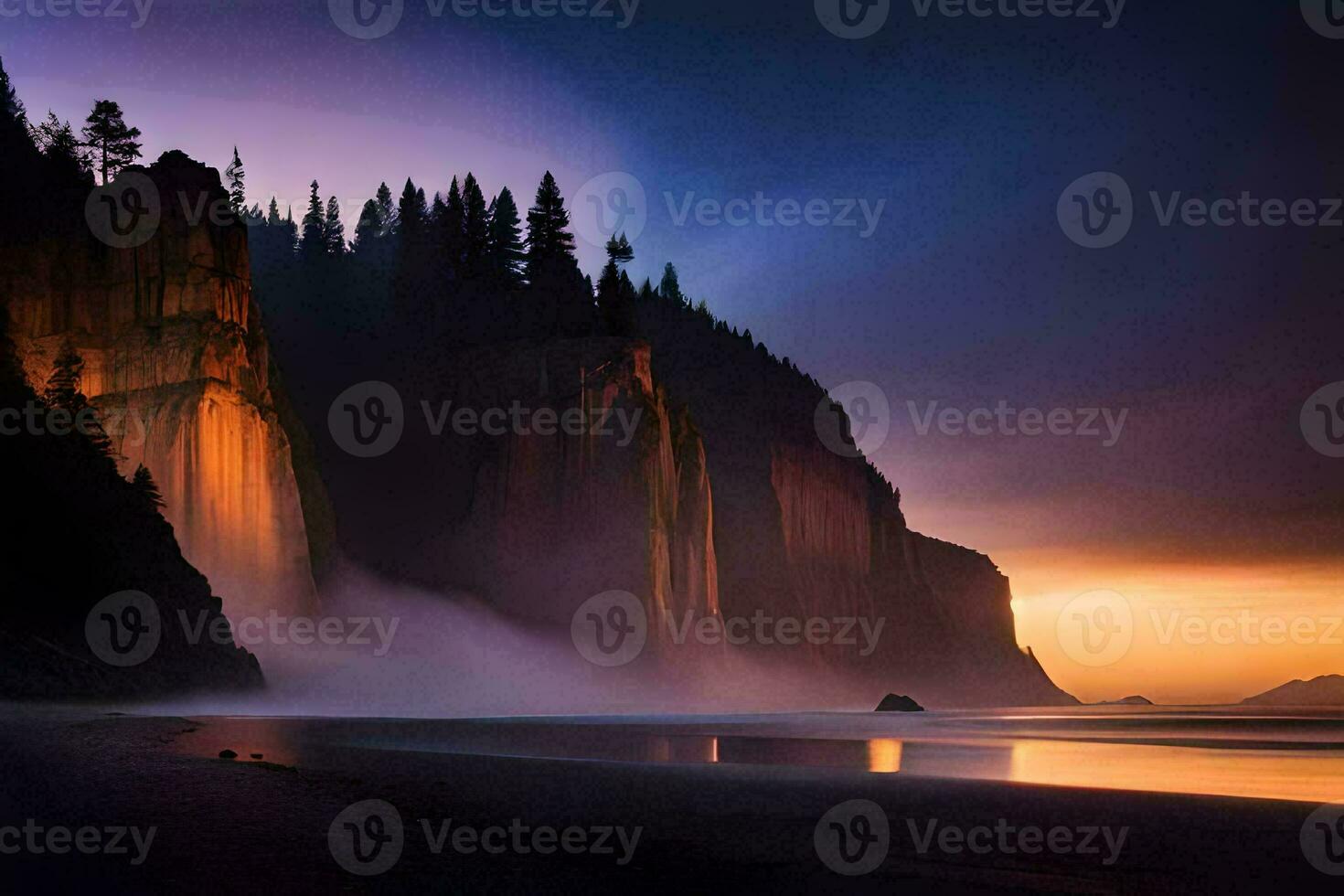 uma pôr do sol sobre a oceano com névoa e árvores gerado por IA foto