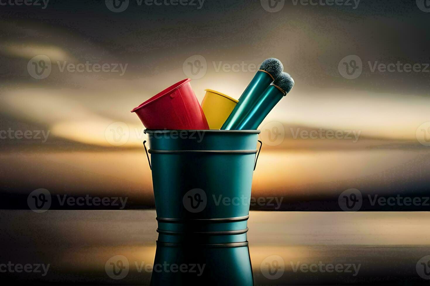 uma balde com três colorida plástico copos dentro isto. gerado por IA foto