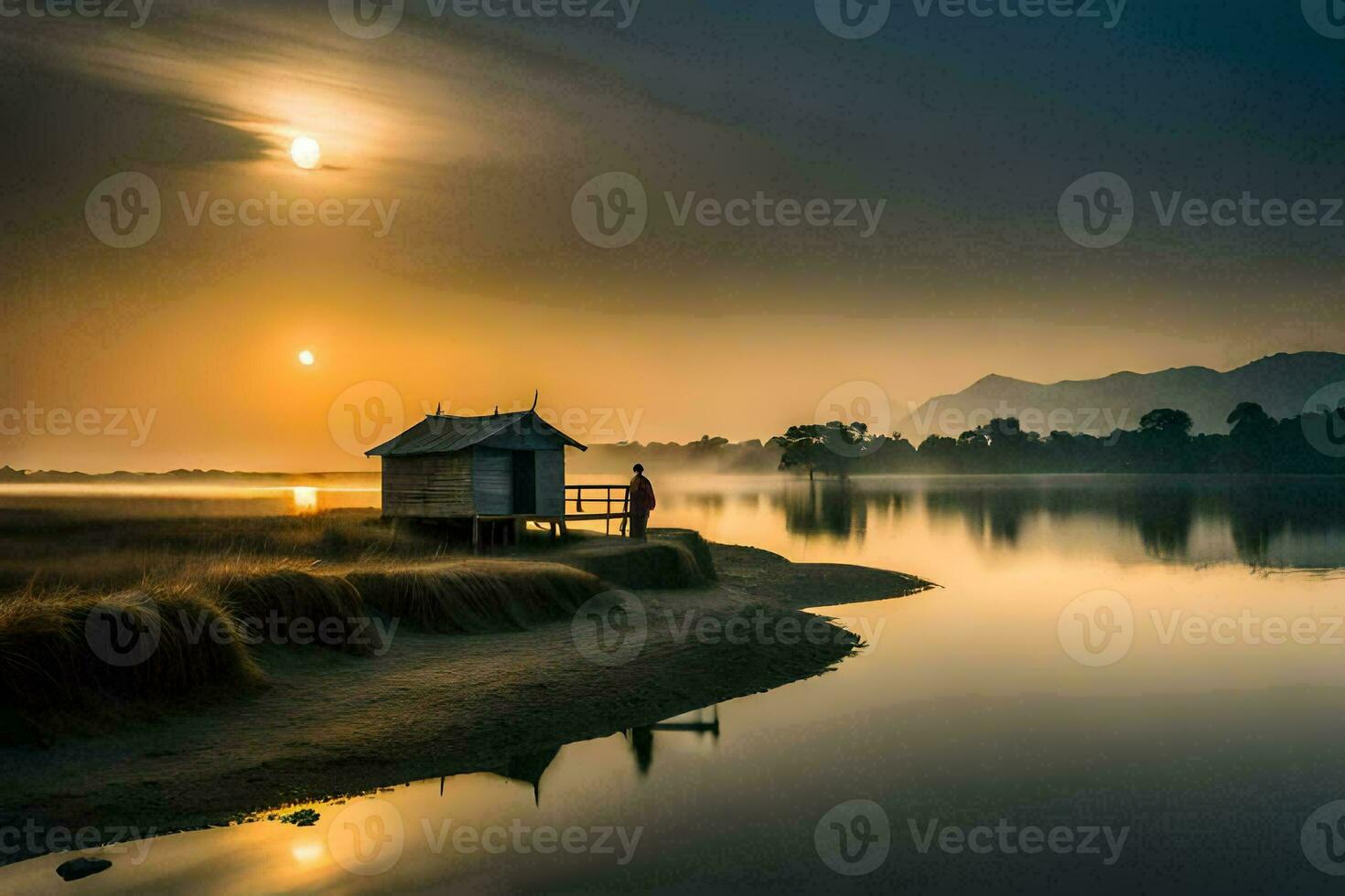 a Sol sobe sobre uma lago e uma cabana em a costa. gerado por IA foto